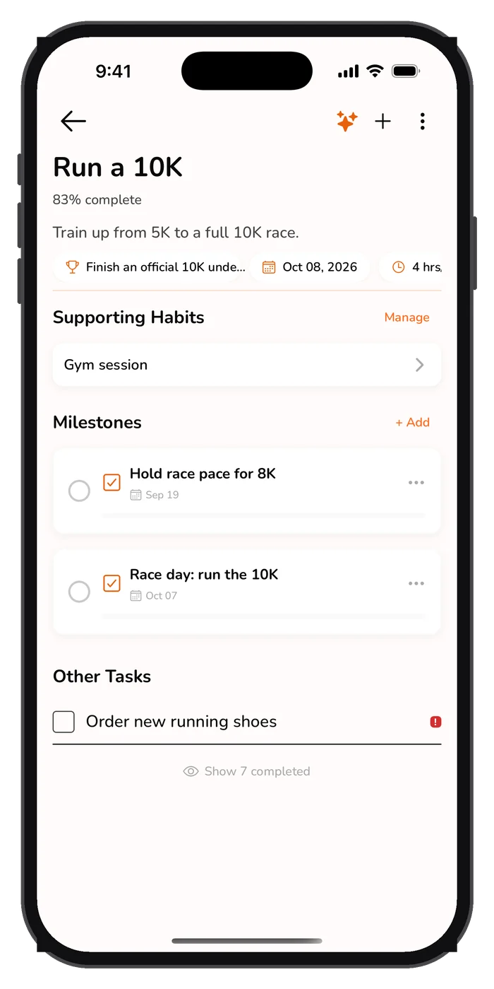 A Run a 10K goal at 83% with its supporting habit and milestones