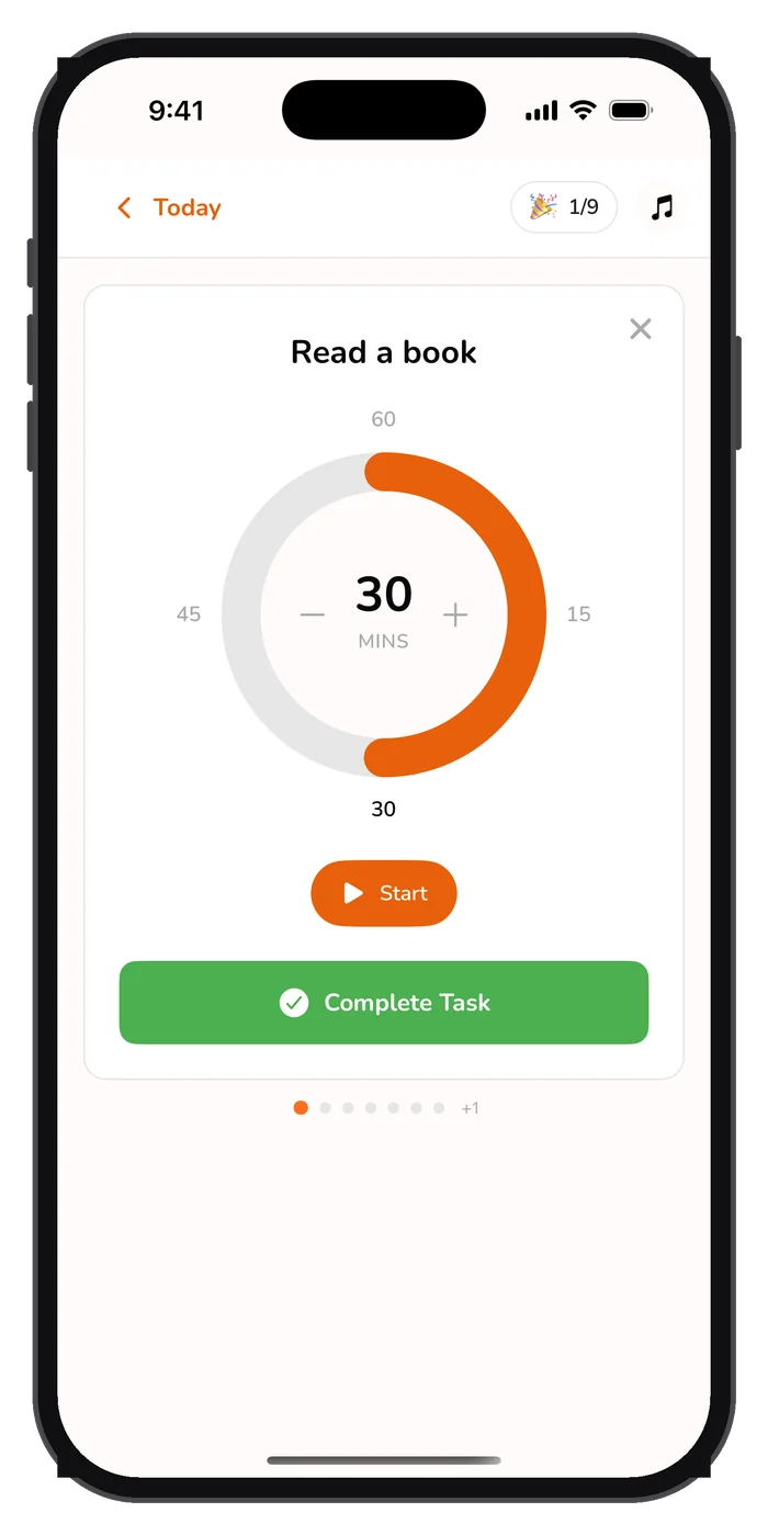 The Now screen showing a single focused task with a timer