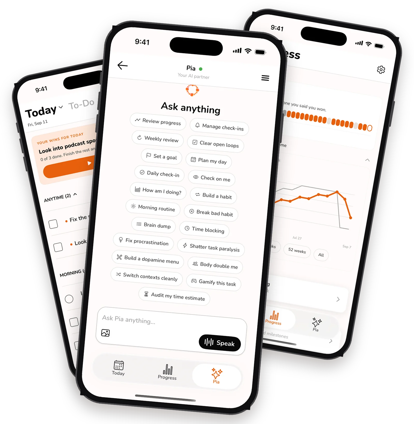 Actimate screens fanned out: your day, Pia ready for anything you ask, and your days won