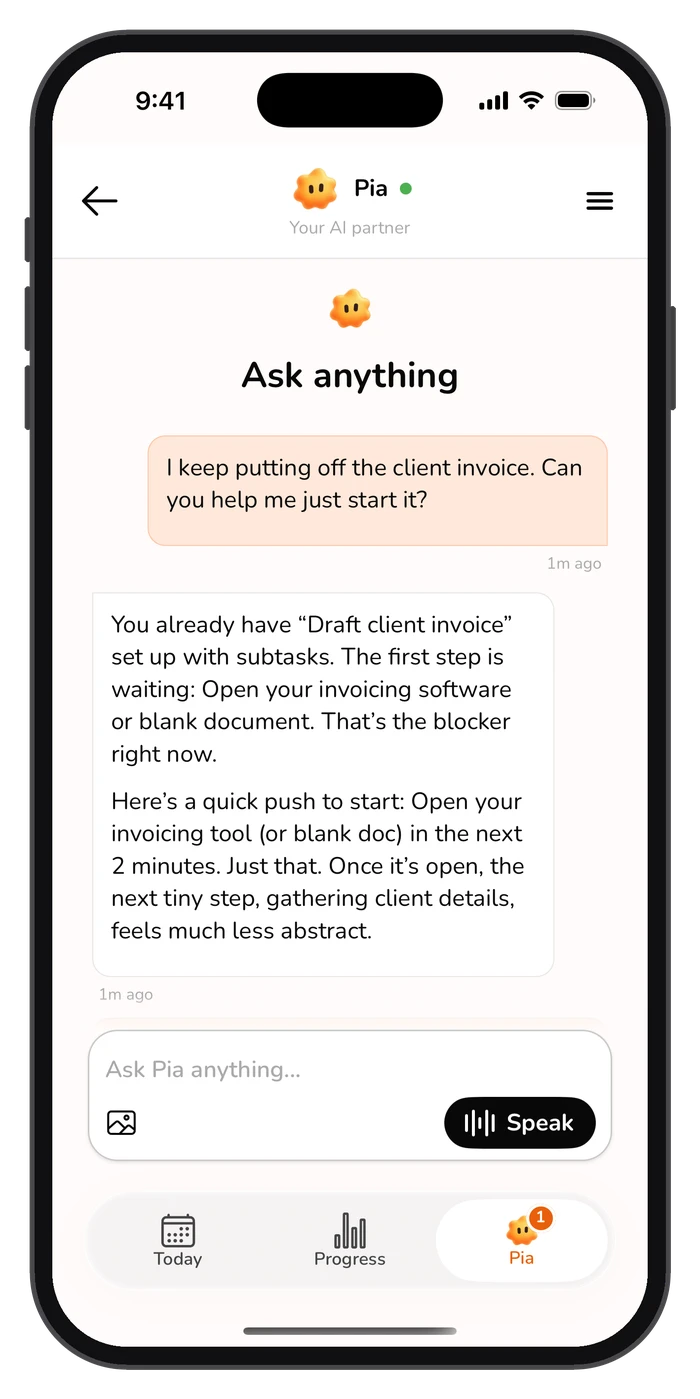 A Pia chat with Sunny: asked for help starting a client invoice, Pia names the first two-minute step